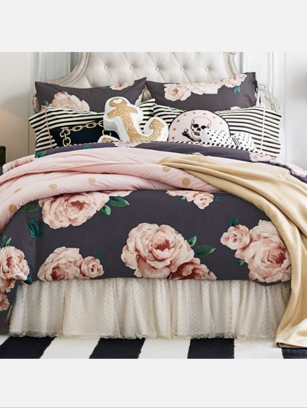 Pottery Barn Emily & Meritt Floral Duvet, Striped Shams + Gold Dot Quilt & Shams